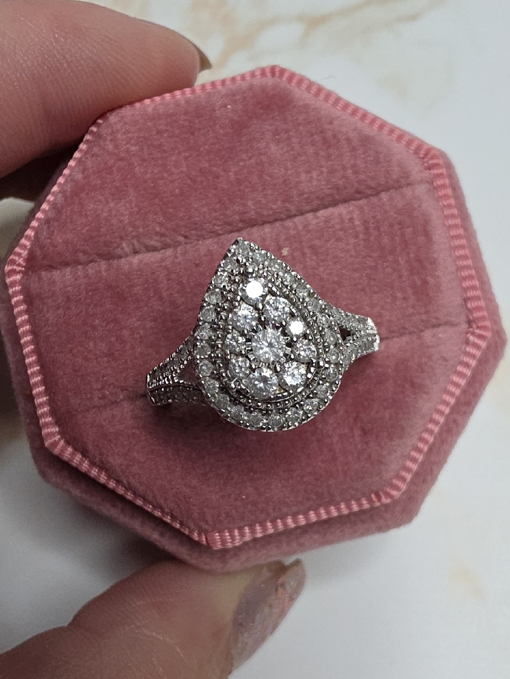 Effy 5/8 Natural diamond Teardrop Pear Halo Ring In Sterling Silver - Picture 1 of 11